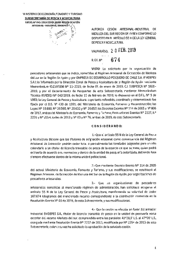 Res. Ex. N° 674-2019 Cesión Merluza del sur Región de Aysén.