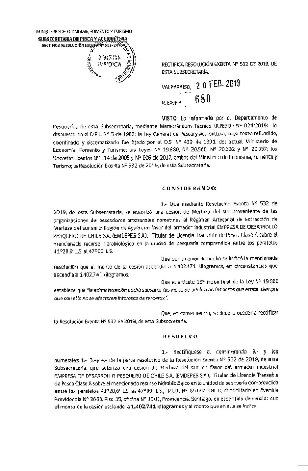 Res. Ex. N° 680-2019 Rectifica Res. Ex. N° 532-2019 Cesión Merluza del sur Región de Aysén.