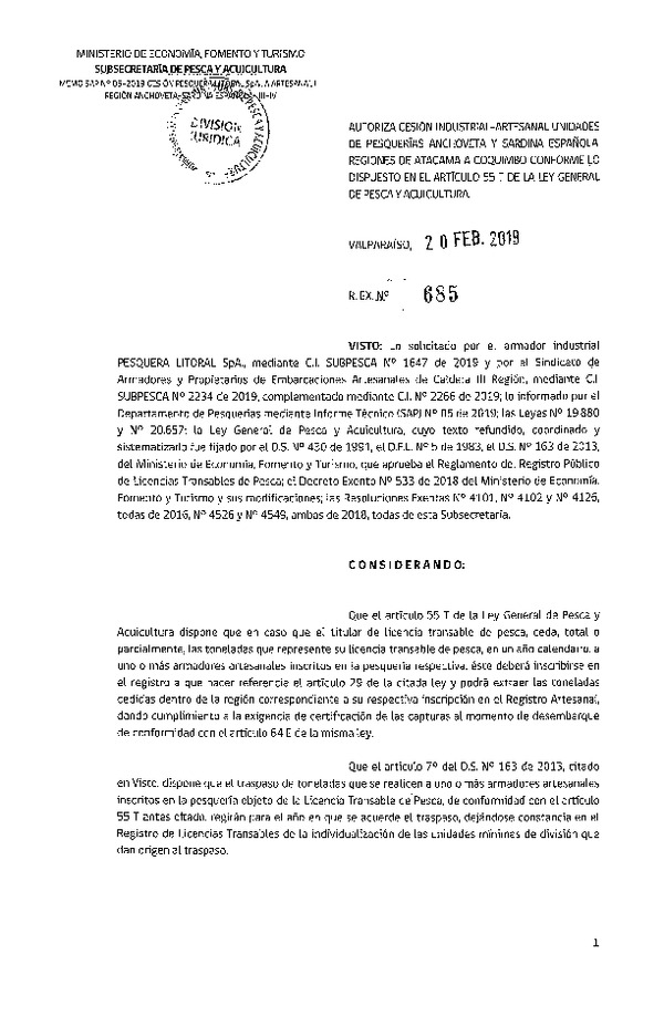Res. Ex. N° 685-2019 Autoriza Cesión Anchoveta y Sardina Española Regiones de Atacama a Coquimbo.