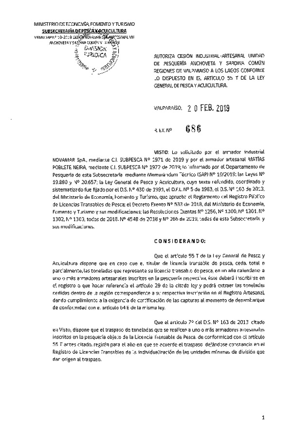 Res. Ex. N° 686-2019 Autoriza cesión pesquería Anchoveta y Sardina común, Regiones de Valparaíso a Los Lagos.