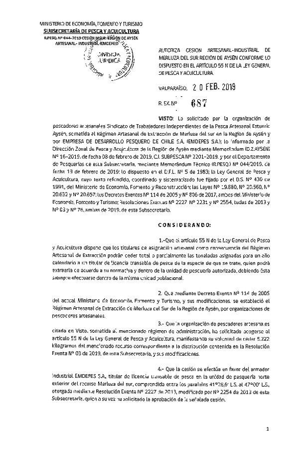 Res. Ex. N° 687-2019 Cesión Merluza del sur Región de Aysén.