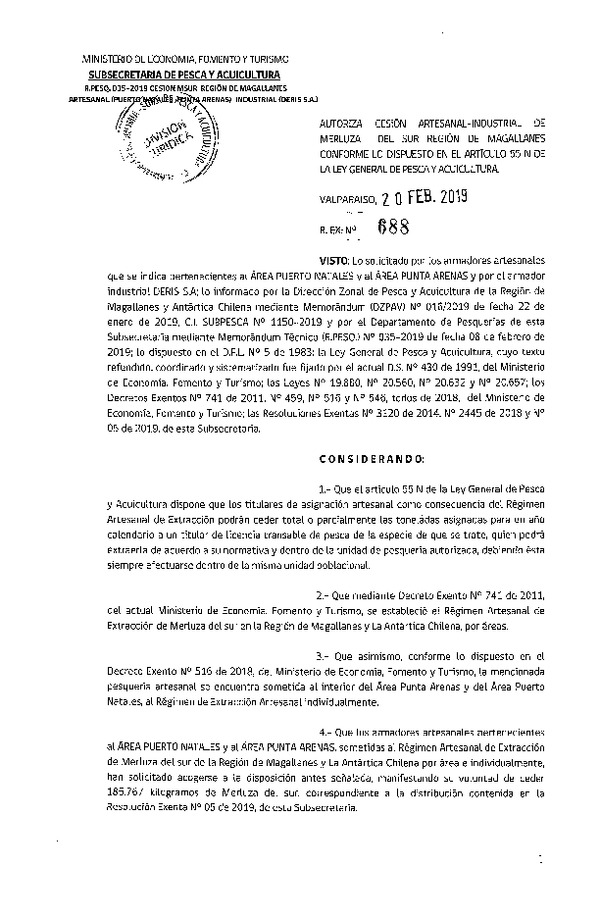 Res. Ex. N° 688-2019 Cesión Merluza del sur Región de Magallanes.