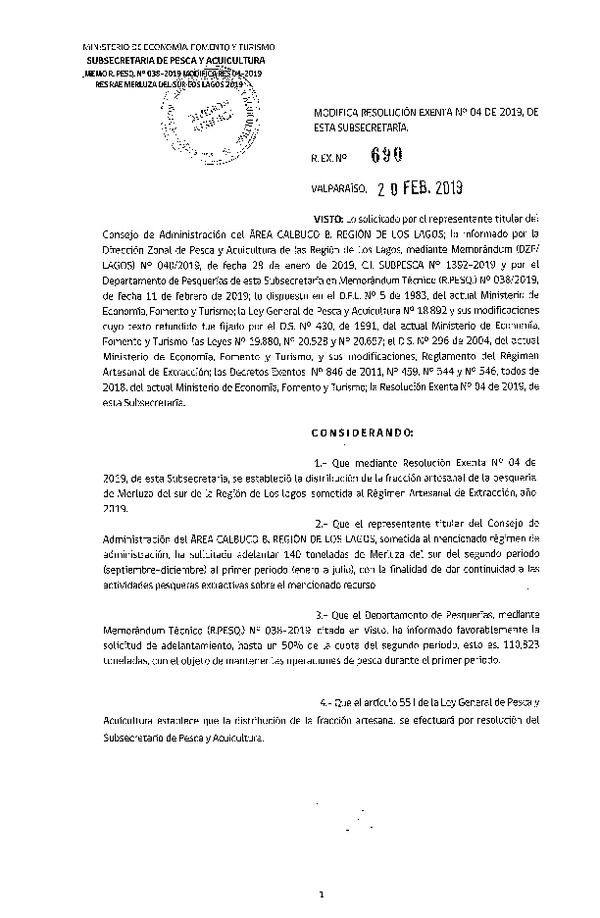 Res. Ex. N° 690-2019 Modifica Res. Ex. N° 4-2019 Distribución de la Fracción Artesanal de Pesquería de Merluza del Sur por Área, Región de Los Lagos, año 2019. (Publicado en Página Web 21-02-2019)