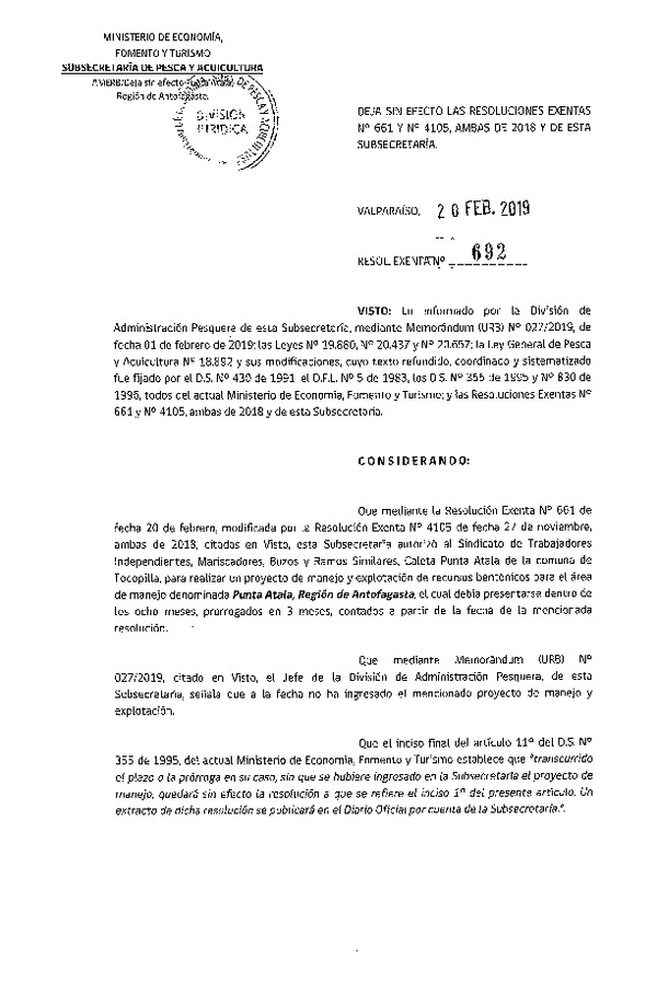 Res. Ex. N° 692-2019 Deja sin efecto Res. Ex. N° 661 y 4105, ambas de 2018.