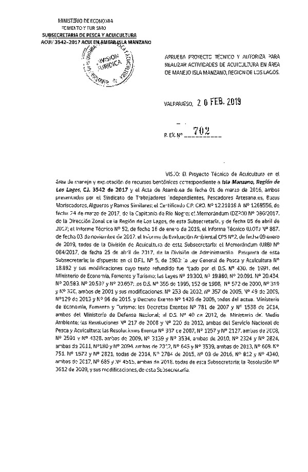 Res. Ex. N° 702-2019 Aprueba proyecto técnico y autoriza para realizar actividades de acuicultura en área de manejo Isla Manzano, Región de Los Lagos. (Publicado en Página Web 21-02-2019)
