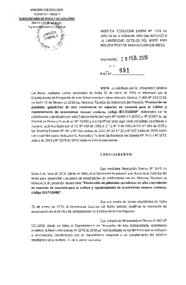 Res. Ex. N°691-2019 Modifica Res. Ex. N° 2078-2018 Producción de plántulas quiméricas de alto crecimiento.