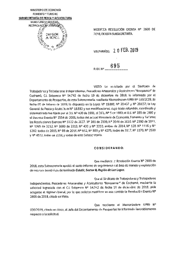 Res. Ex. N° 695-2019 Modifica Res. Ex. N° 2600-2018 6° Seguimiento.