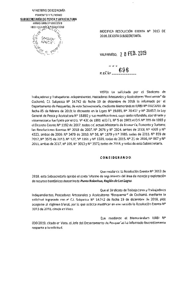 Res. ex. N° 696-2019 Modifica Res. Ex. N° 3013-2018 6° Seguimiento.