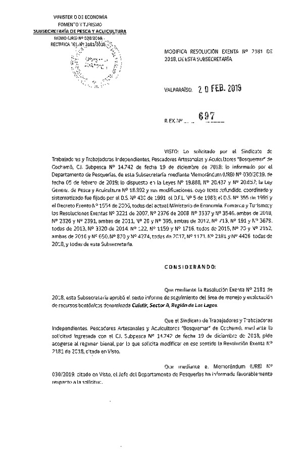 Res. Ex. N° 697-2019 Res. Ex. N° 2181-2018 6° Seguimiento.