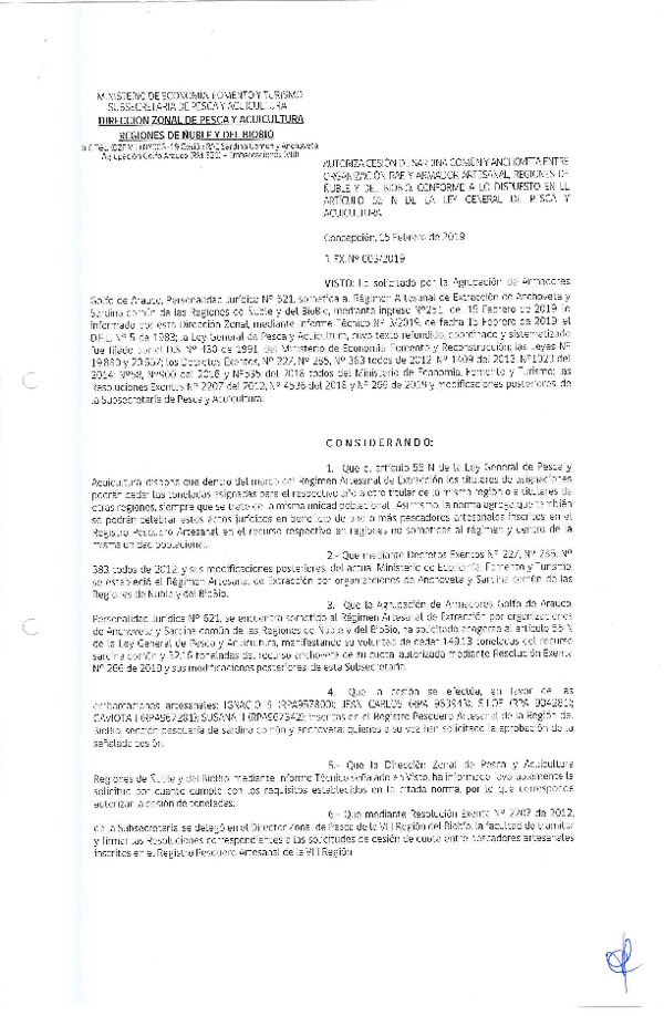 Res. Ex. N° 03-2019 (DZP VIII) Autoriza Cesión Anchoveta y Sardina común, Regiones de Ñuble y del Biobío.