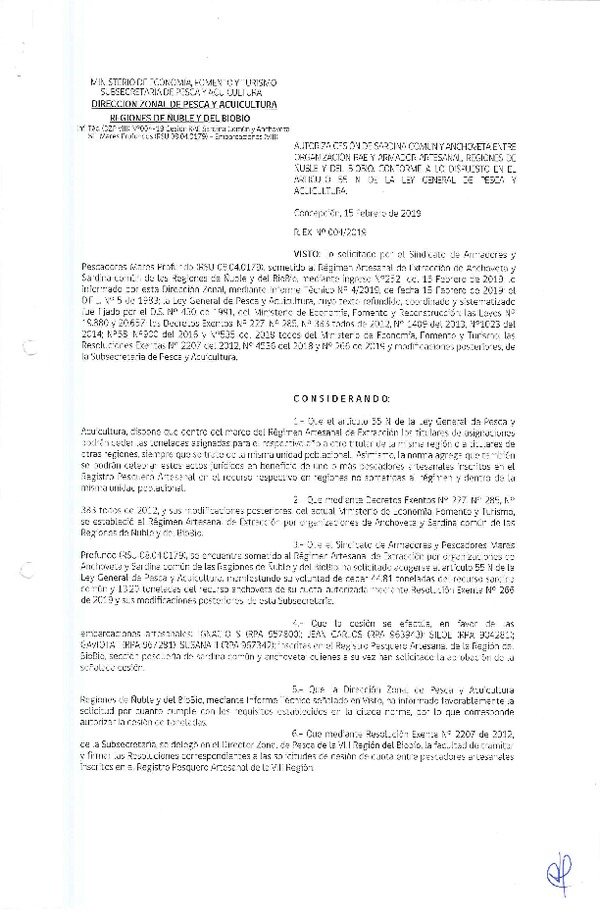 Res. Ex. N° 04-2019 (DZP VIII) Autoriza Cesión Anchoveta y Sardina común, Regiones de Ñuble y del Biobío.
