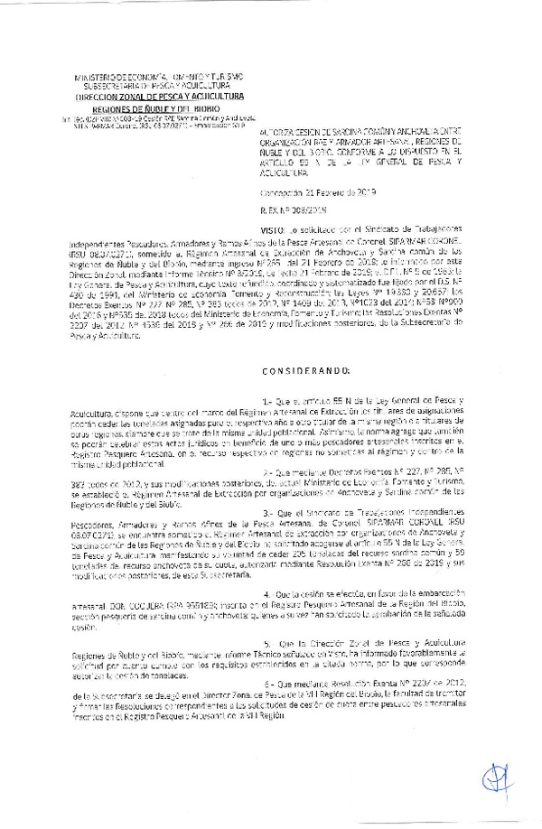 Res. Ex. N° 08-2019 (DZP VIII) Autoriza Cesión Anchoveta y Sardina común, Regiones de Ñuble y del Biobío.