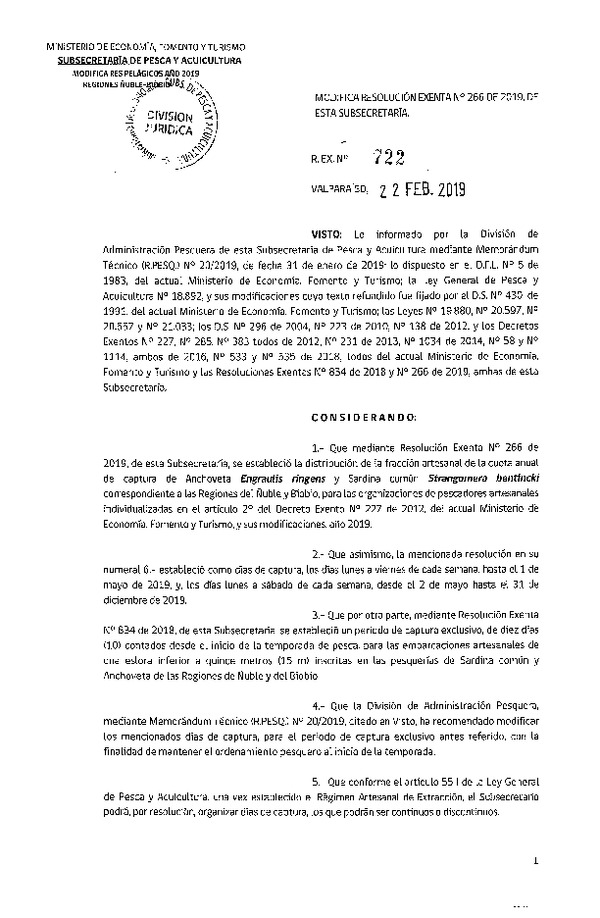 Res. Ex. N° 722-2019 Modifica Res. Ex. N° 266-2019 Distribución de la fracción artesanal de pesquería de Anchoveta y Sardina común en las regiones del Ñuble y del Bío Bío, año 2019. (Publicado en Página Web 25-02-2019)