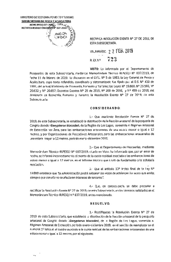 Res. Ex. N° 723-2019 Rectifica Res. Ex. N° 27-2019 Establece Distribución de la Fracción Artesanal de Congrio Dorado, en la Región de Los Lagos, Año 2019. (Publicado en Página Web 25-02-2019)