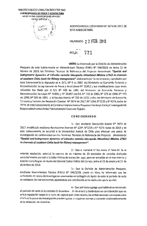 Res. Ex. N° 721-2019 Modifica Res. Ex. N° 3674-2017 Spatial and Bathymetric Dynamic of Lithdes sentolla.