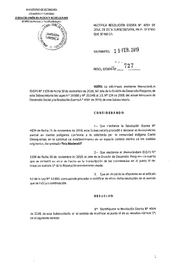 Res. Ex. N° 727-2019 Rectifica Res. Ex. N° 4004-2018 Desistimiento parcial de solicitud de establecimiento ECMPO Isla Marimelli. (Publicado en Página Web 25-02-2019)