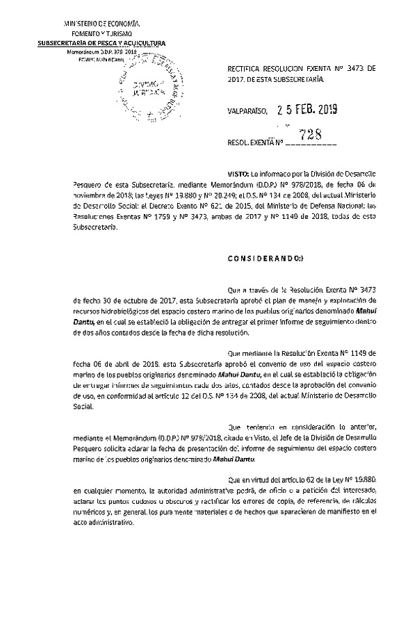 Res. EX. N° 728-2019 Modifica Res. Ex. N° 3473-2017 Aprueba Plan de Manejo y Explotación de ECMPO Mahui Dantu, X Región. (Publicado en Página Web 25-02-2019)