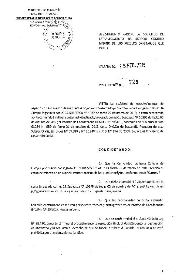 Res. Ex. N° 729-2019 Desistimiento parcial de solicitud de establecimiento ECMPO Compu. (Publicado en Página Web 25-02-2019)