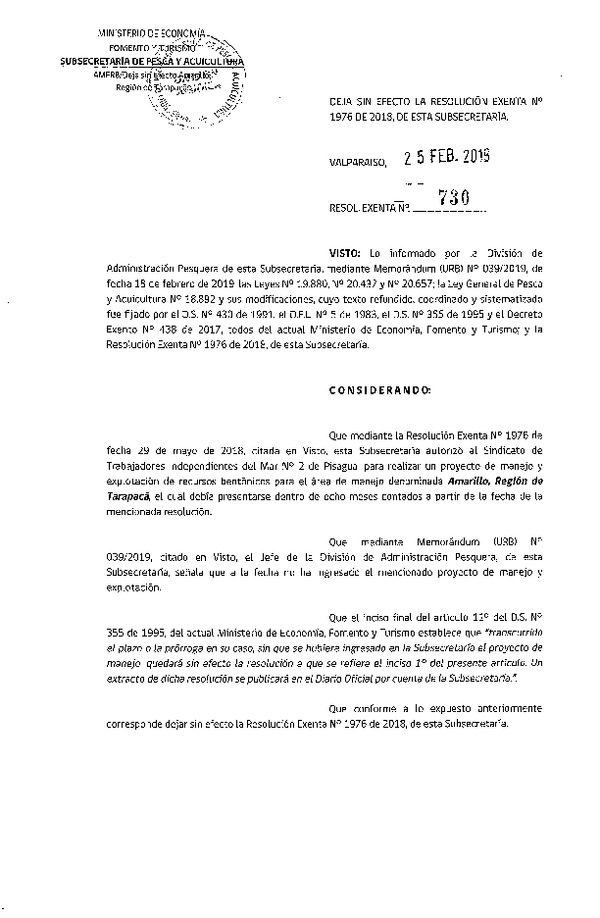 Res. Ex. N° 730-2019 Deja sin efecto Res. Ex. N° 1976-2018 Proyecto de Manejo.