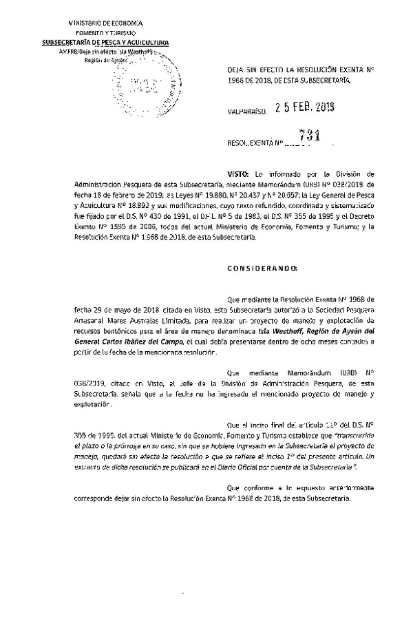 Res.Ex. N° 731-2019 Deja sin efecto Res. Ex. N° 1968-2018 Proyecto de Manejo.