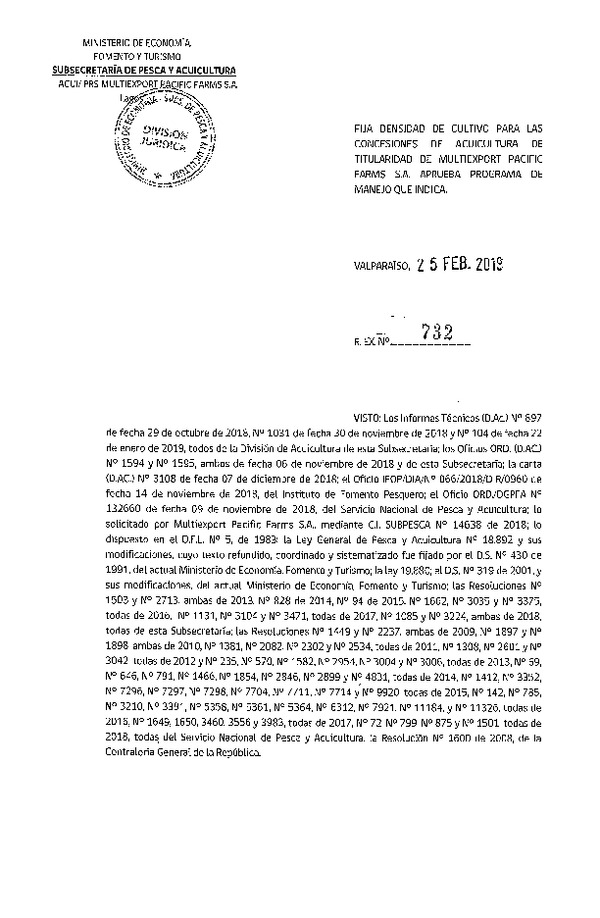 Res. Ex. N° 732-2019 Fija Densidad de Cultivo para las Concesiones de Titularidad de Multiexport Pacific Farms S.A. (Con Informe Técnico) (Publicado en Página Web 25-02-2019)