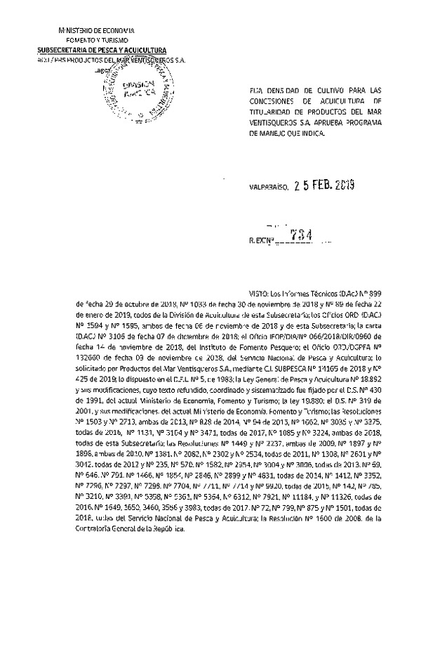 Res. Ex. N° 734-2019 Fija Densidad de Cultivo para las Concesiones de Productos del Mar Ventisqueros S.A.(Con Informe Técnico) (Publicado en Página Web 25-02-2019)