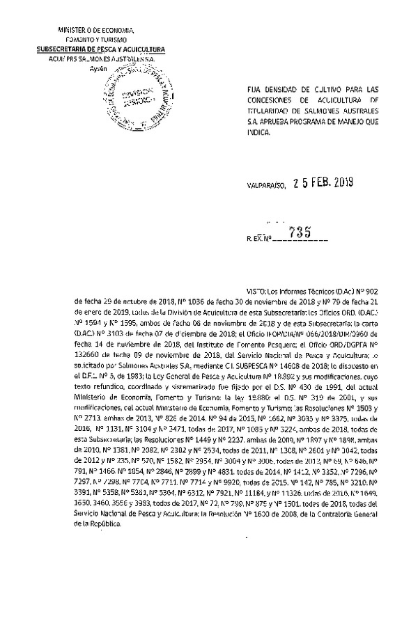 Res. Ex. N° 735-2019 Fija Densidad de Cultivo para las Concesiones de Acuicultura de Titularidad de Salmones Australes S.A.(Con Informe Técnico) (Publicado en Página Web 25-02-2019)