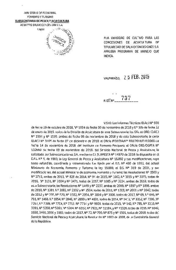 Res. Ex. N° 737-2019 Fija Densidad de Cultivo para las Concesiones de Acuicultura de Titularidad de Salmoconcesiones S.A.(Con Informe Técnico) (Publicado en Página Web 25-02-2019)