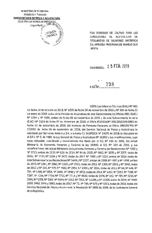 Res. Ex. N° 738-2019 Fija Densidad de Cultivo para las Concesiones de Acuicultura de Titularidad de Salmones Antártica S.A.(Con Informe Técnico) (Publicado en Página Web 25-02-2019)