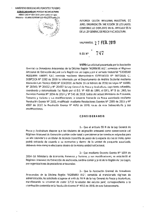 Res. Ex. N° 747-2019 Autoriza cesión de jurel, Región de Los Lagos.