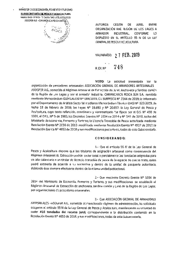 Res. Ex. N° 748-2019 Autoriza cesión de jurel, Región de Los Lagos.