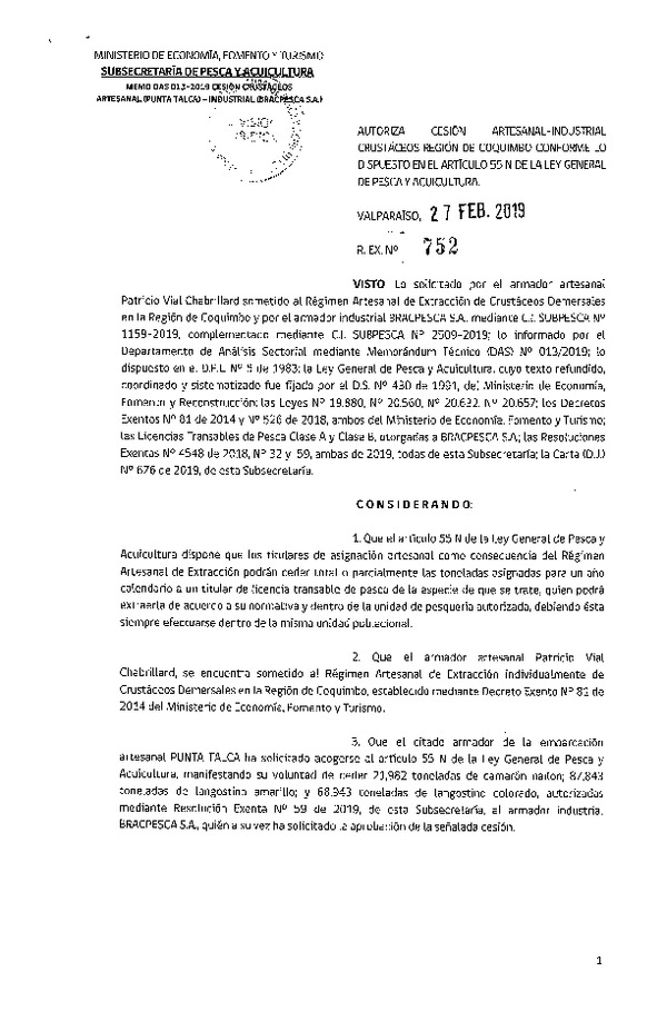 Res. Ex. N° 752-2019 Autoriza cesión Crustáceos, Región de Coquimbo.