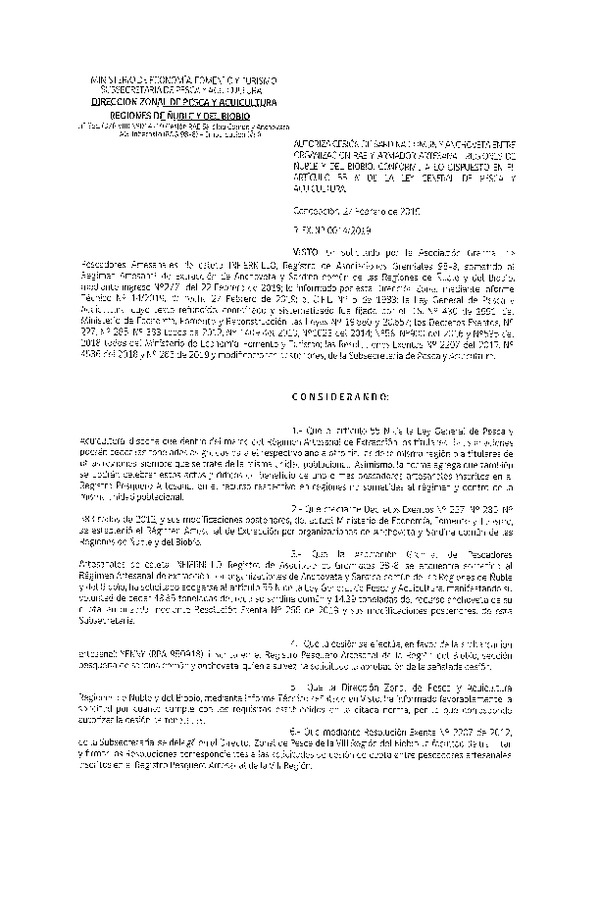 Res. Ex. N° 14-2019 (DZP VIII) Autoriza Cesión Anchoveta y Sardina común, Regiones de Ñuble y del Biobío.