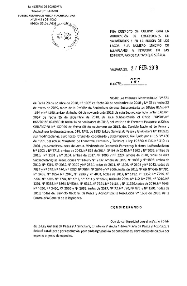 Res. Ex. N° 757-2019 Fija Densidad de Cultivo para la Agrupación de Concesiones de Salmónidos 1, Región de Los Lagos. (Con Informe Técnico) (Publicado en Página Web 28-02-2019) (F.D.O. 07-03-2019)