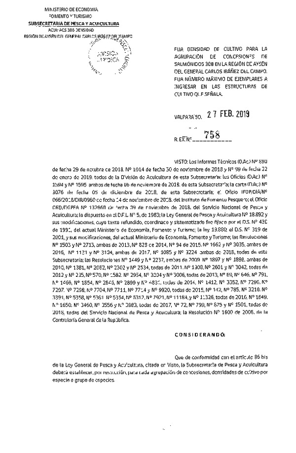 Res. Ex. N° 758-2019 Fija Densidad de Cultivo para la Agrupación de Concesiones de Salmónidos 30B, Región de Aysén. (Con Informe Técnico) (Publicado en Página Web 28-02-2019) (F.D.O. 07-03-2019)