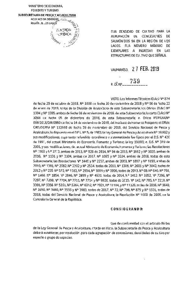 Res. Ex. N° 759-2019 Fija Densidad de Cultivo para la Agrupación de Concesiones de Salmónidos 9A, Región de Los Lagos. (Con Informe Técnico) (Publicado en Página Web 28-02-2019) (F.D.O. 07-03-2019)