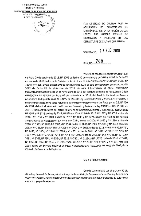 Res. Ex. N° 760-2019 Fija Densidad de Cultivo para la Agrupación de Concesiones de Salmónidos 17B, Región de Los Lagos. (Con Informe Técnico) (Publicado en Página Web 28-02-2019) (F.D.O. 07-03-2019)