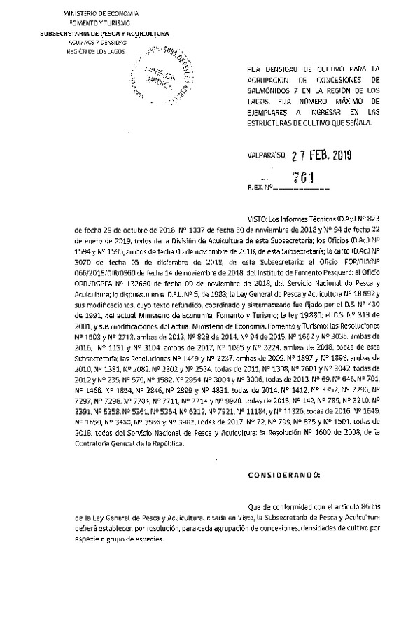 Res. Ex. N° 761-2019 Fija Densidad de Cultivo para la Agrupación de Concesiones de Salmónidos 7, Región de Los Lagos. (Con Informe Técnico) (Publicado en Página Web 28-02-2019) (F.D.O. 07-03-2019)