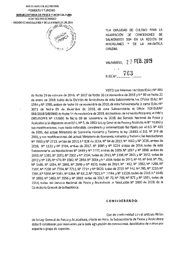 Res. Ex. N° 763-2019 Fija Densidad de Cultivo para la Agrupación de Concesiones de Salmónidos 50A, Región de Magallanes y de La Antártica Chilena. (Con Informe Técnico) (Publicado en Página Web 28-02-2019) (F.D.O. 07-03-2019)