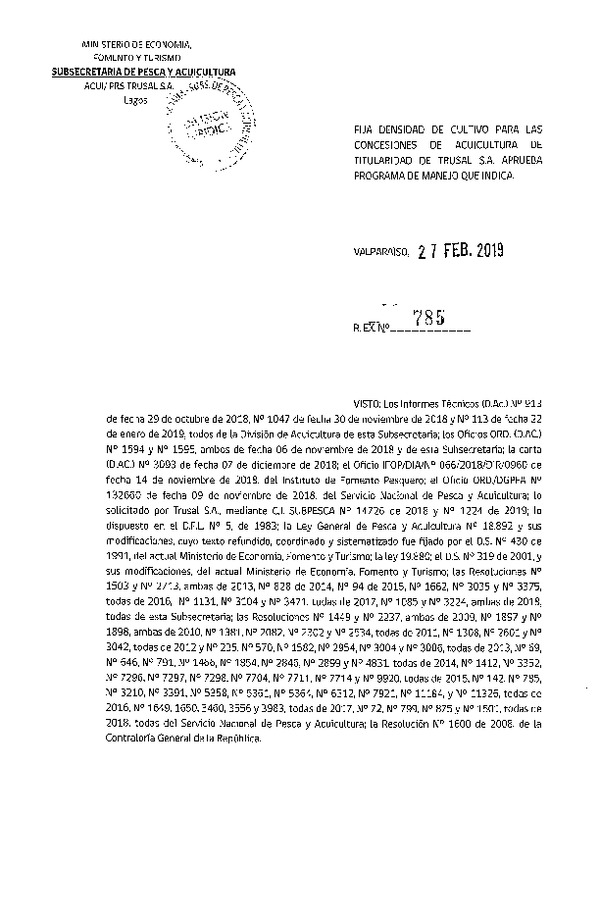 Res. Ex. N° 785-2019 Fija Densidad de Cultivo para las Concesiones de Acuicultura de Titularidad de Trusal S.A.(Con Informe Técnico) (Publicado en Página Web 28-02-2019)