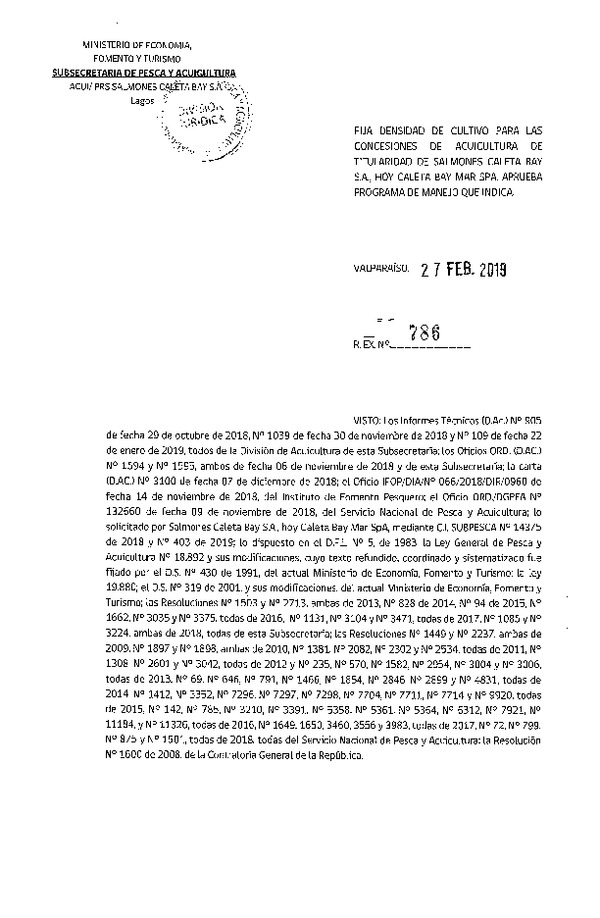 Res. Ex. N° 786-2019 Fija Densidad de Cultivo para las Concesiones de Acuicultura de Titularidad de Caleta Bay S.A. (Caleta Bay Mar S.A.) (Con Informe Técnico) (Publicado en Página Web 28-02-2019)