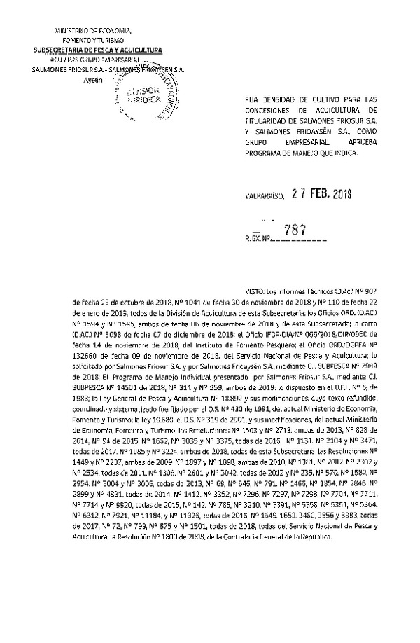 Res. Ex. N° 787-2019 Fija Densidad de Cultivo para las Concesiones de Acuicultura de Titularidad de Salmones Friosur S.A. y Salmones Frioaysén S.A. (Con Informe Técnico) (Publicado en Página Web 28-02-2019)