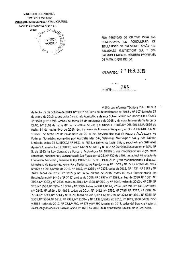 Res. Ex. N° 788-2019 Fija Densidad de Cultivo para las Concesiones de Acuicultura de Titularidad de Salmones Multiexport S.A. y Sea Salmon Limitada (Con Informe Técnico) (Publicado en Página Web 28-02-2019)