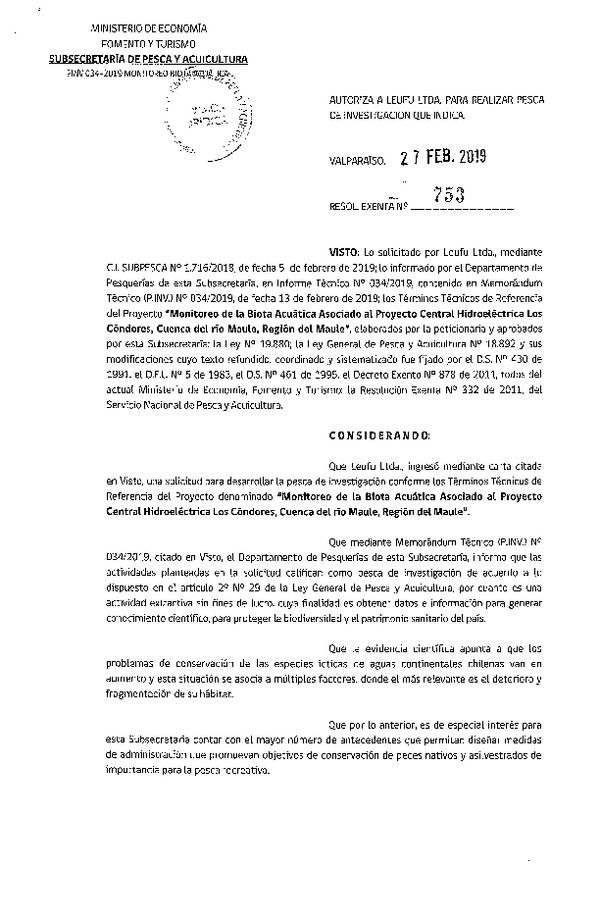 Res. Ex. N° 753-2019 Monitoreo de la biota acuática, Región del Maule.