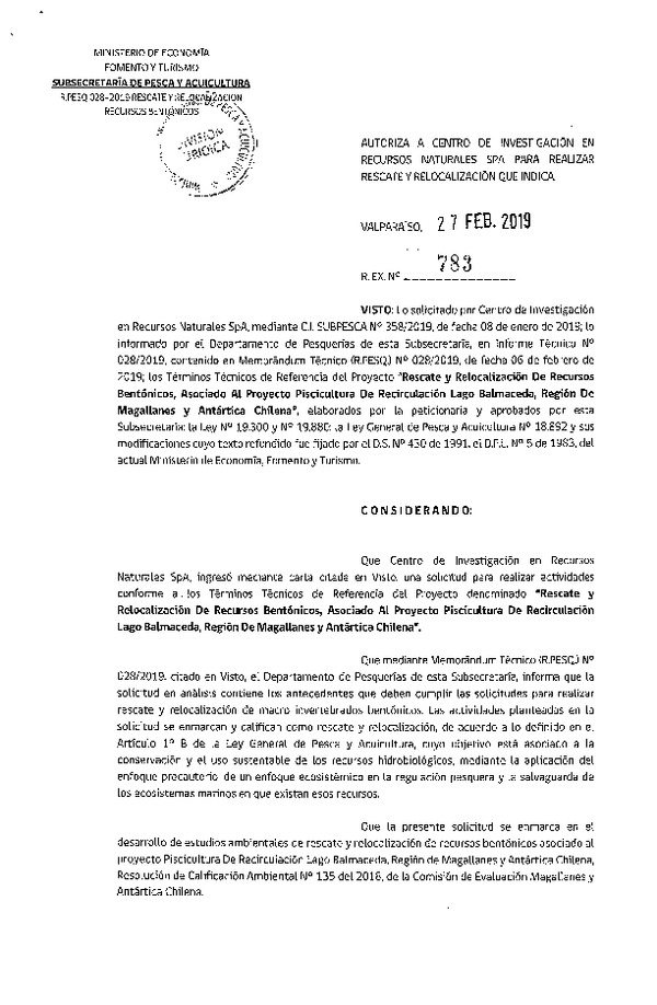 Res. Ex. N° 783-2019 Rescate y relocalización, Región de Magallanes y Antártica Chilena.