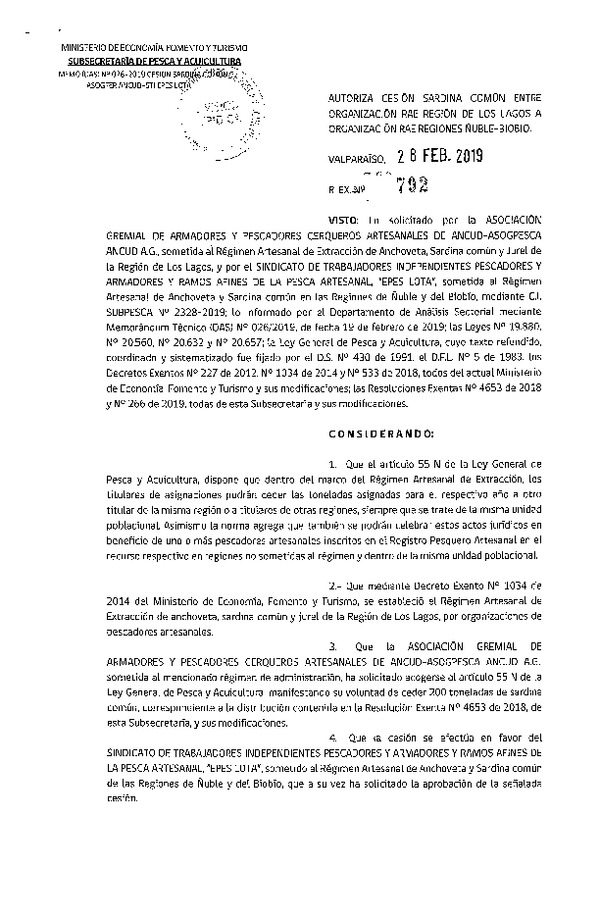 Res. Ex. N° 792-2019 Autoriza cesión Sardina común Región de Los Lagos a Región del Biobío.