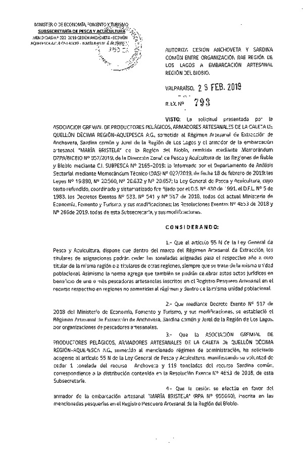 Res. Ex. N° 793-2019 Autoriza cesión Sardina común Región de Los Lagos a Región del Biobío.