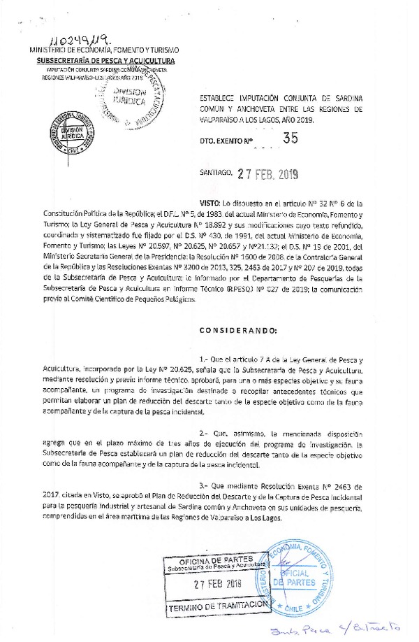 Dec. Ex. N° 35-2019 Establece Imputación Conjunta de Sardina Común Entre Las Regiones de Valparaíso y Los Lagos, Año 2019. (Publicado en Página Web 01-03-2019)