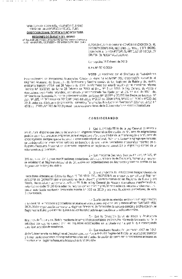 Res. Ex. N° 16-2019 (DZP VIII) Autoriza Cesión Anchoveta y Sardina común, Regiones de Ñuble y del Biobío.