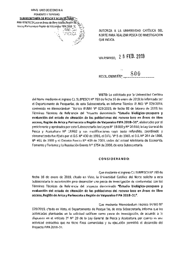 Res. Ex. N° 800-2019 Estudio biológico-pesquero y evaluación de estado recurso Loco.